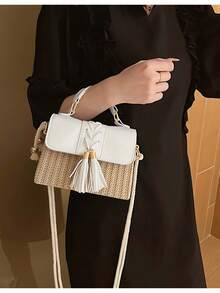Designer Bags Women Straw Woven Tassel Box Purse, Contrast Color Patchwork Flap Beach Bag, Lightweight Rope Shoulder Strap, Summer Vacation Travel Daily Casual Versatile Handbag - White - View 2