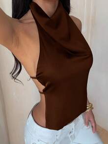WOWDARK Women's Summer Halter Backless Satin Blouse, Brown Color, Fashionable Sexy Casual Wear Suitable For Valentine's Day, Dates, Gatherings, Parties, Travel, Vacation, Beach And Other Occasions - Brown - View 11