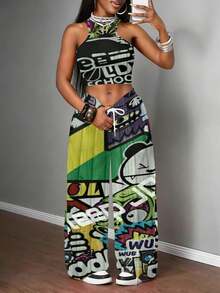 Urban Street Art Style Women's 3D All-Over Print Tank Top & Pants Set Graffiti And Cartoon Characters With Phrases Like Eat Sleep Drift Cool Stance Bro Over Steer Wub Wub And More Summer Casual W - 白色 - 查看 1