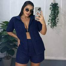 Women's Crochet Beach Cover-Up Set - Shorts And Open Polo Shirt - Elegant Knit Style - 藏蓝色 - 查看 1