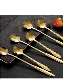 1/3/5/10/20件不锈钢叶子图案勺子，创意金色咖啡搅拌勺，多功能蛋糕甜点日用勺，学校用品 - 5pcs櫻花勺 - 查看 1