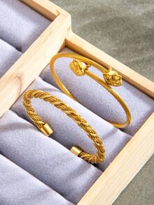 1PC Vintage Gold Plated Twisted Cable Cuff Bangle, Adjustable Stainless Steel Fox Head Open Bangle Bracelet For Women Men, Fashion Jewelry Gift - Szgss040/044 - View 1