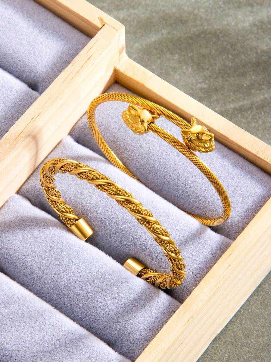 1PC Vintage Gold Plated Twisted Cable Cuff Bangle, Adjustable Stainless Steel Fox Head Open Bangle Bracelet For Women Men, Fashion Jewelry Gift - Szgss040/044 - View 1