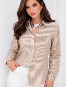 Women's Long-Sleeved Striped Shirt With Buttons, Loose Fit, In Premium Crepe Fabric, No Pockets, , Casual, Elegant - 米色 - 查看 3