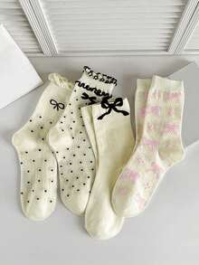 4 双女士奶油白色甜美波尔卡圆点蝴蝶结刺绣镂空网眼透气舒适混合蕾丝蝴蝶设计中筒袜，适合日常穿着 - 彩色 - 查看 8