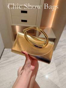 1 Stück modische Mini-Clutch mit Metalldekor, elegante glänzende Damenhandtasche mit Metallstreifen-Dekor, geeignet für Abendkleid, Party, Hochzeit, Ball, mit Metallkette, Party-Tasche, Hochzeitszubehör - Gold - Übersicht 2