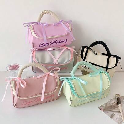 1pc Ballet Style Makeup Bag, Large Capacity, Portable Multi-Functional Cosmetic Organizer Bag, Women's Travel Makeup Pouch, Zipper Makeup Bag For Storing Lipstick, Brushes, Skincare, Phone, Coins, Pens, Etc. Suitable As Gift For Girlfriend, Teacher, Bridesmaid, Mom, Friend, Birthday, Back To School, Travel, Vacation, School Supplies