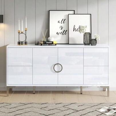 150*38*59.5cm Beistellschrank, Wohnzimmerschrank Mit 4 Schubladen, 2 Schranktüren, Esszimmerschrank, Hochglanz Sideboard, Ein Kommode Mit Metallstützfüße, Breite Grifflose Schließfächer, Weiß, MDF