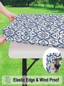 1 pieza Mantel elástico con estampado floral de porcelana azul y blanco, cubierta de mesa rectangular impermeable y resistente a las manchas, adecuada para patio, jardín, comedor al aire libre, decoración de cocina del hogar, protector de mesa bohemio y retro - A - Ver 7