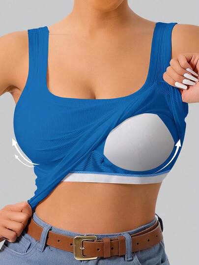 1 pieza Camiseta de tirantes con espalda en U para mujer talla grande, acolchada, ajustada, de unicolor, para usar como capa o prenda exterior