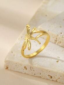 AMAXER 1pc Stainless Steel Butterfly & Dragonfly Design Ring, Minimalist Fashion Vacation Style Personalized Ring, Daily Wear Birthday Gift Jewelry - animal - View 3