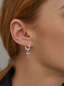 Bông tai bạc nguyên chất đính đá Cubic Zirconia hình chữ thập, không gây dị ứng, thanh lịch dành cho nữ, thích hợp đeo hàng ngày hoặc làm quà tặng sinh nhật. - Bạc - Xem 2