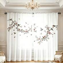 2pcs White Bird & Peach Blossom Print Curtains - Rod Pocket Design For Easy Hanging, Machine Washable Polyester Fabric Curtains For Living Room And Bedroom Decor - Multicolor - View 12