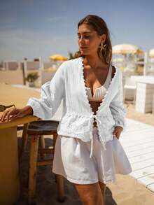 SUNSTORY Women's Summer Casual Elegant Romantic Textured Tie-Front Lantern Sleeve Hollow Embroidery Design White Blouse, Suitable For Wedding, Events, Back To School, Graduation, Leisure Travel, Work Commute, Office - White - View 2