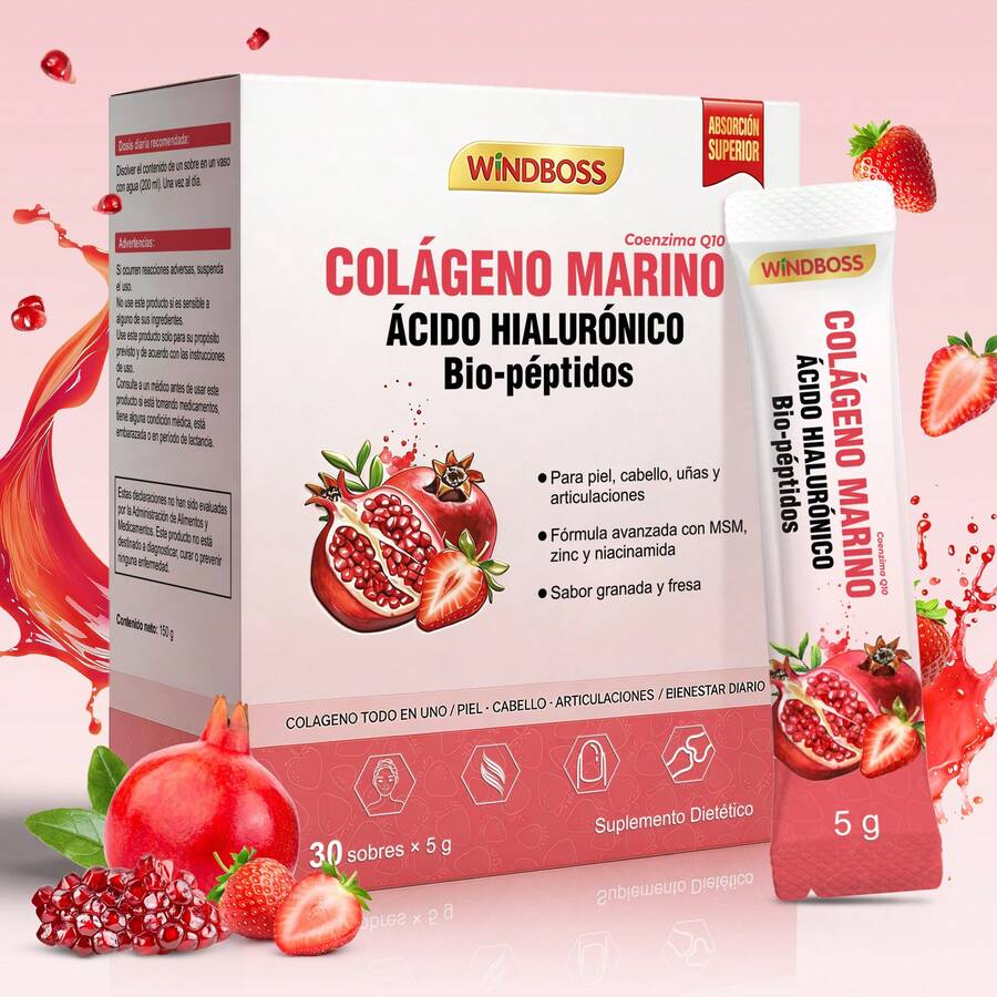 Windboss Colágeno Marino Hidrolizado con Ácido Hialurónico y Péptidos Activos | Suplemento en Polvo para Rutina de Belleza Diaria | Apoyo para Piel, Cabello y Uñas | Sabor Fresa-Granada | Sobres 5g - paquete 1 - Ver 1