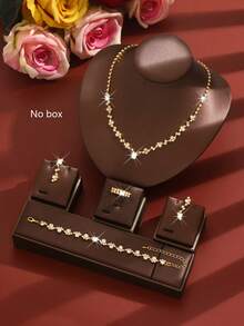 1 Set Women's Crystal Jewelry Set, Sparkling Floral V-Neck Necklace + Earrings + Bracelet + Ring, Copper Material With Rhinestones, Suitable For Evening Party, Wedding, Valentine's Day Gift - Gold - View 1
