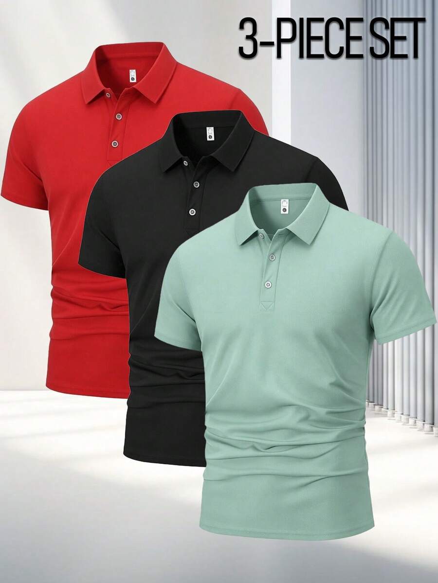 3件組時尚百搭男士夏季 Polo 衫,透氣舒適短袖上衣,休閒商務 Polo 衫,戶外上衣 - 彩色 - 查看 1