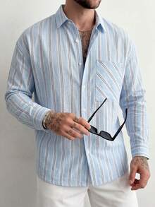 宽松版型涤纶男士衬衫，春夏竖条纹长袖，落肩休闲通勤上衣 - 彩色 - 查看 4