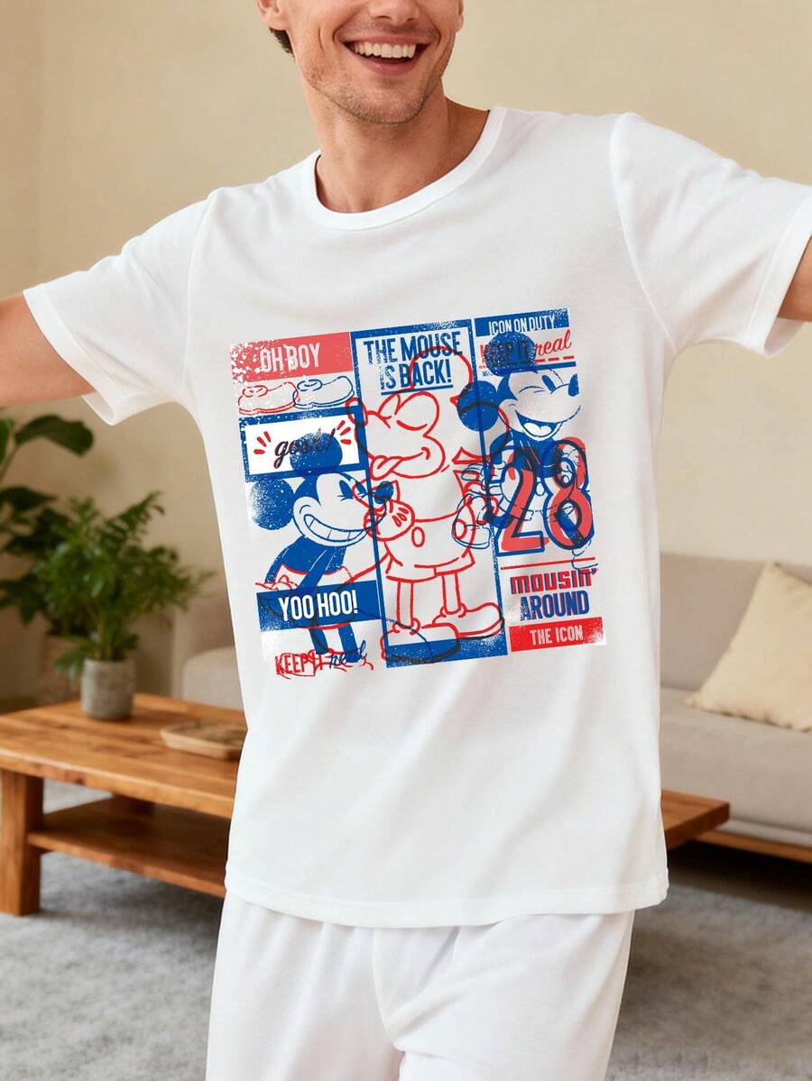Disney 复古街头风T恤，饰有米老鼠标志印花，采用优质面料制成。男士圆领短袖T恤。 - 白色 - 查看 1