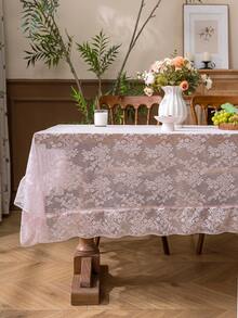 1pc French Countryside Style Floral Lace Trim Tablecloth, Holiday Decor - Pink - View 6