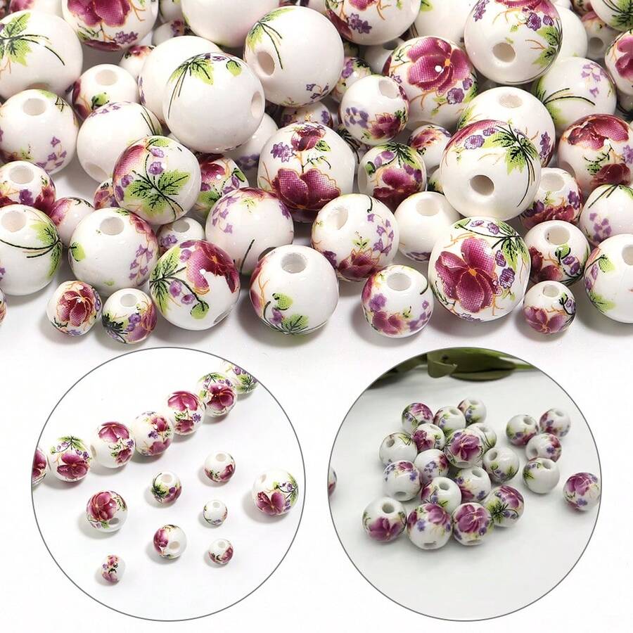 20-30颗复古蓝白瓷珠，金红牡丹陶瓷圆珠，DIY首饰制作材料