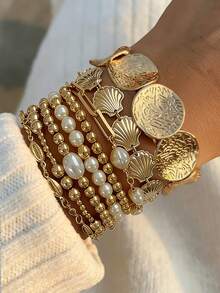 Bộ 8/7/1 chiếc vòng tay nữ phong cách Bohemian cổ điển thanh lịch hình sao biển, vỏ sò và ngọc trai CCB, co giãn, thích hợp đeo hàng ngày và đi nghỉ mát, có thể đeo nhiều lớp, làm quà tặng. - Vàng - Xem 1
