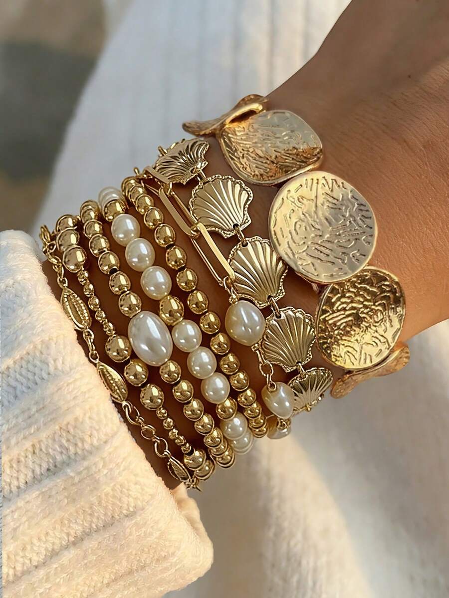 Bộ 8/7/1 chiếc vòng tay nữ phong cách Bohemian cổ điển thanh lịch hình sao biển, vỏ sò và ngọc trai CCB, co giãn, thích hợp đeo hàng ngày và đi nghỉ mát, có thể đeo nhiều lớp, làm quà tặng. - Vàng - Xem 1