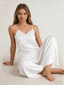 Camisetas sin mangas con estampado de lunares para mujer, estilo veraniego, modernas, con encaje y escote en V. - Blanco - Ver 4