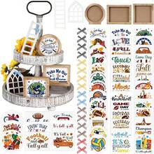 48 Pcs Interchangeable Seasonal Tiered Tray Decor Set Farmhouse Spring Easter Tiered Decorations Include Wood Frames With Ladders Cards Bow Knot, Tray Not Included(Bright Color, Sports) - 鮮豔的色彩 + 運動 - 查看 1
