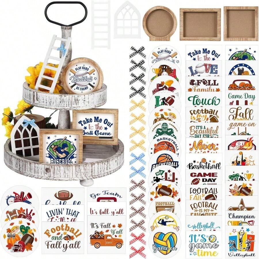 48 Pcs Interchangeable Seasonal Tiered Tray Decor Set Farmhouse Spring Easter Tiered Decorations Include Wood Frames With Ladders Cards Bow Knot, Tray Not Included(Bright Color, Sports) - 鮮豔的色彩 + 運動 - 查看 1