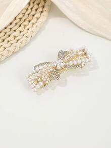 1pc Luxury Elegant Spring Loaded Hair Clip, Pearl Bow Flower Clover Pattern, For Casual Updo Hairstyle - Multicolor - View 4