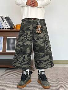 1件美式街头风男士刺绣拼接多口袋阔腿宽松休闲牛仔短裤（不含腰带和配饰） - 軍綠色 - 查看 9