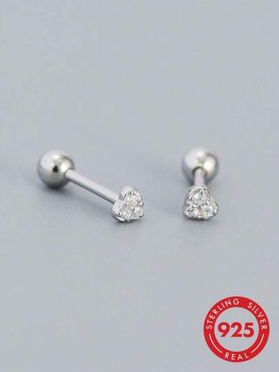 HuooNew 1pair Simple 925 Sterling Silver & Water Drop-Shaped Rhinestone Inlaid Heart-Shaped Stud Earrings, Suitable For Daily Wear For Women Valentines