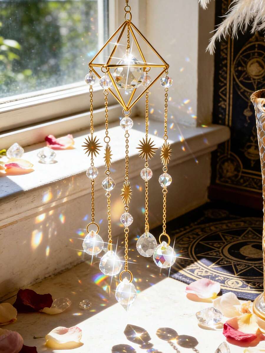 1件金色莲花月亮水晶太阳挂饰，波西米亚风窗饰，彩虹制造器，灵性冥想装饰，瑜伽室装饰，水晶疗愈吊坠，送给妈妈的礼物，卧室客厅厨房窗户装饰，波西米亚家居装饰，正能量装饰品，乔迁礼物，水晶疗愈吊坠，波西米亚家居装饰，女巫房间装饰，窗台星空太阳挂饰 - 彩色 - 查看 1