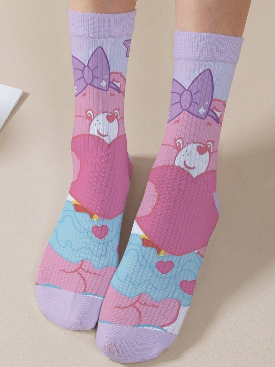 1 Pair Care Bears Women's Personalized Socks, 360 Degree Digital Printing With Interesting Cheer Bear, Wish Bear, Heart Bear, Angel Bear, Grumpy Bear And More, Fashion Minimalist, Suitable For Daily Wear And Graduation/Birthday Gifts - Multicolor - View 1