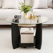 GOFLAME Rolling Glass Coffee Table With Wheels, 81CM 2-Tier Round Center Table With Storage Shelf & Solid Rubber Wood Legs, Modern Cocktail Tea Table For Living Room, Home Office - Black - View 3