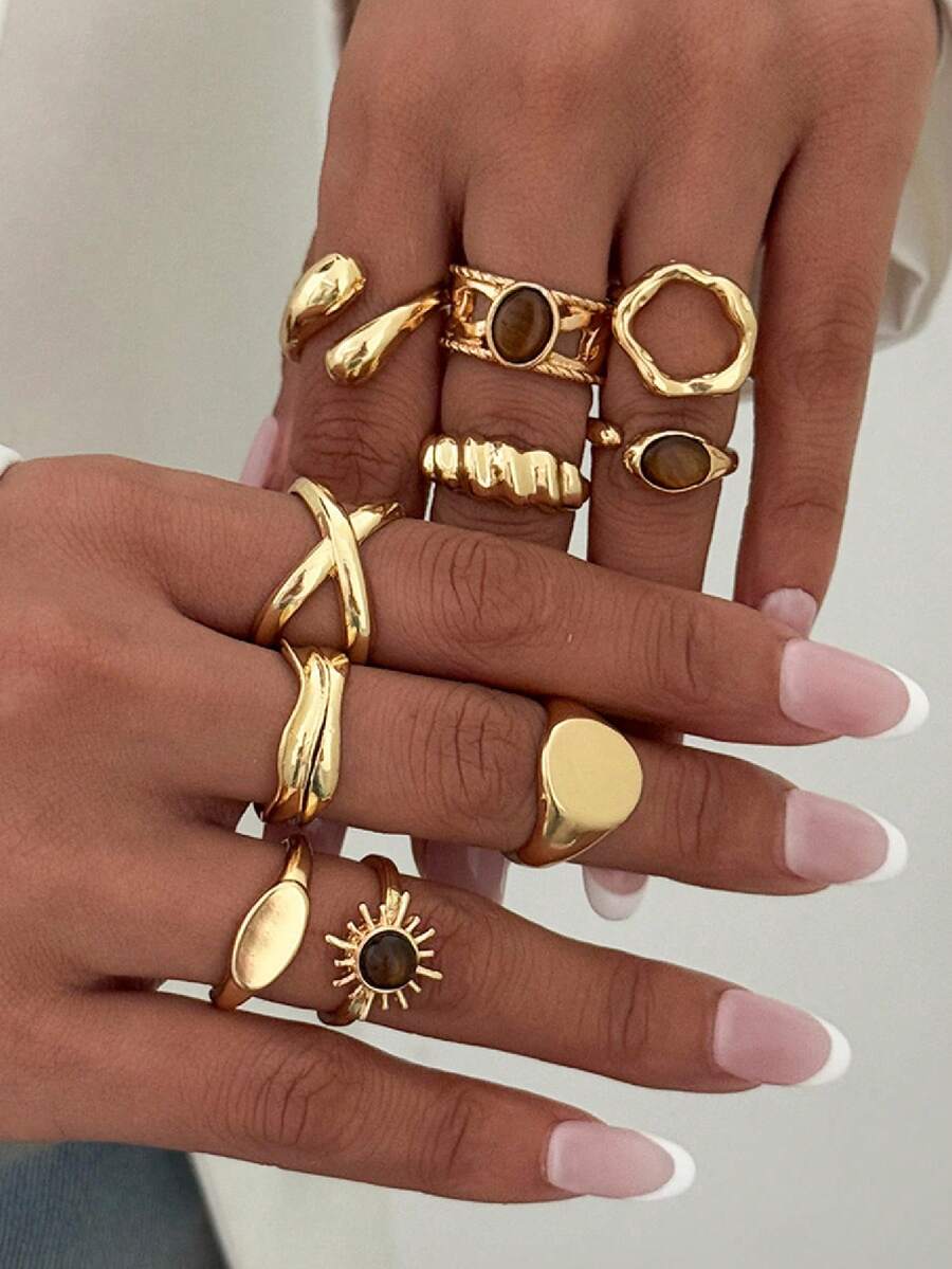 Set de 10 anillos ajustables de estilo retro irregular - Anillos de metal personalizados para dedos de mujer - Multicolor - Ver 1