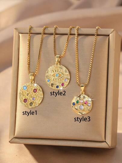 1件不锈钢镀金圆形吊坠项链，饰以多色宝石——蓝色、粉色、绿色、紫色、红色、橙色，独特的眼睛造型设计，象征着守护功效。女士专属配饰，适合日常通勤、晚宴、婚礼、伴娘礼物、生日、情人节、周年纪念日、圣诞节、母亲节、新年、订婚、毕业典礼等场合。