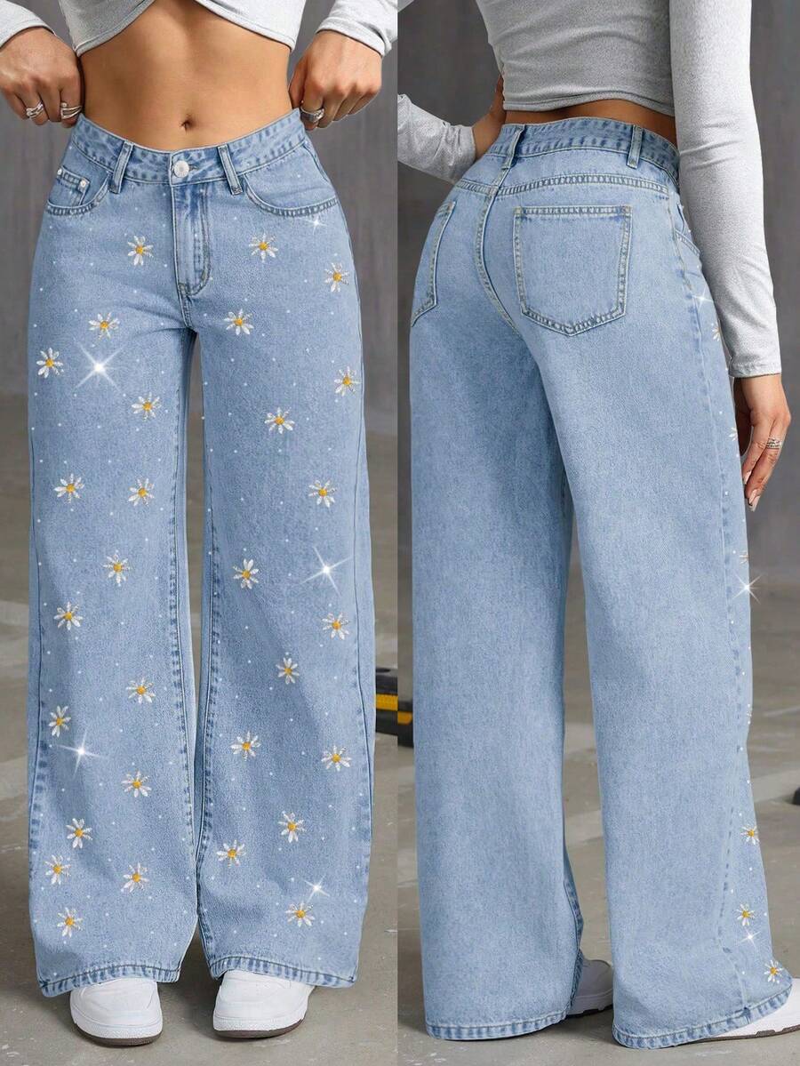 American Vintage Washed Light Blue Denim Pants, Women's Floral Embroidery & Rhinestone Wide Leg Straight Trousers, Casual Summer Vacation Fashion Chic - Light Wash - View 1