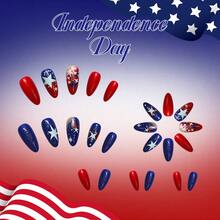 24Pcs Red Blue & Silver Glitter Press On Nails, Glossy Almond Fake Nails With Star Pattern, Patriotic Style For Holiday Events - Nhiều màu - Xem 5