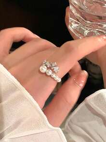 1pc Fashionable Luxury Delicate Niche High-End Faux Pearl & Rhinestone Adjustable Open Ring, Suitable For Women's Daily Wear, Gala, Party, Gift For Girlfriend/Best Friend Birthday - Pearl and Rhinestone Ring - View 9
