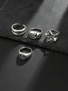 4pcs Punk Style Spiral Star Rings Set, Casual Daily Wear Jewelry With Unique Charm For Men - Antique Silver - View 5