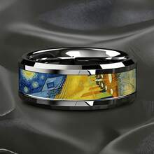 8mm Beveled Stainless Steel Ring, Inlaid With Artwork Inspired By Van Gogh's "Starry Night Over The Cafe Terrace", Artistic Style, Comfortable Fit, Suitable For Men And Women, Ideal Gift For Art Lovers, Weddings And Anniversary - Multicolor - View 4