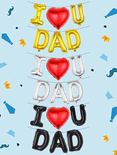 6pcs/Set Father's Day Letter Balloon Decoration Set, Includes Gold, Silver, Black Letters And Red Heart Balloons, Suitable For Father's Day Decoration, Father's Day Party, I Love You Dad, Living Room Decor, Photo Shoot