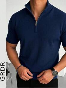 Men's Summer Half-Zip Solid Color Knit Polo Shirt, Suitable For Summer Outings, Essential For Fashionable Styling - Navy Blue - View 6