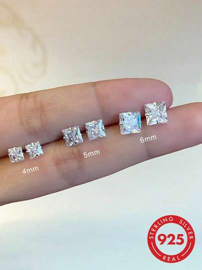 BALMORA 1pair 925 Sterling Silver Mini Square Shape Cz Stud Earrings, Korean Style Full Paved Rhinestones Decoration 3mm-8mm Size Suitable For Women's Daily Wear