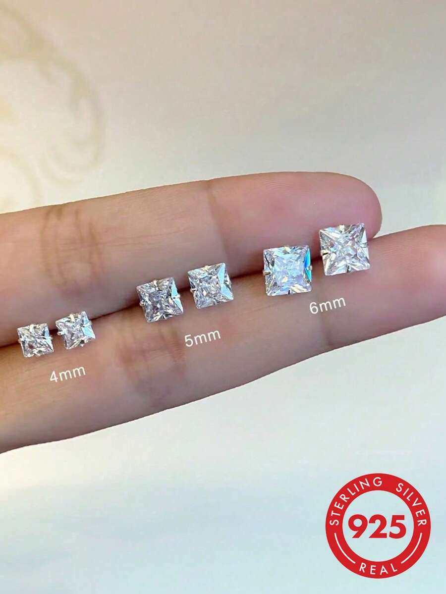 BALMORA 1 对 925 纯银迷你方形 Cz 耳钉，韩式全铺镶水钻装饰 3 毫米 - 8 毫米尺寸适合女性日常佩戴 - 銀色 - 查看 1