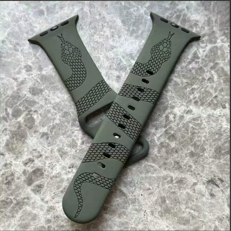 1pc Gothic Skull & Snake Carved Silicone Watch Band, Suitable For Apple Watch 38/41/40/44/42/45/49mm (S10 42mm/46mm), Soft Sport Replacement Strap For I Watch Ultra/SE/S10/9/8/7/6/5/4/3/2/1, Fashionable Unique Accessory - Pine Needles - View 1