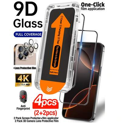 ZYONS Bộ 4 trong 1: 2 miếng dán màn hình cường lực độ phân giải cao (kèm dụng cụ lắp đặt) + 2 miếng dán bảo vệ ống kính camera độ phân giải cao, độ cứng 9H, chống vỡ, bộ dụng cụ tự căn chỉnh, tương thích với iPhone 17 Pro Max/17 Pro/17 Air/17/16 Pro Max/16 Pro/16 Plus/16E/16/15 Pro Max/14 Pro Max/13 Mini/12/11 Series, phủ toàn màn hình, chống bám vân tay, chống rơi vỡ, chống trầy xước.