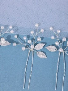 3 Pcs/Set Elegant Handmade Bridal Wedding Alloy Leaf Pearl Hairpin,Summer,Beach - Silver - View 4